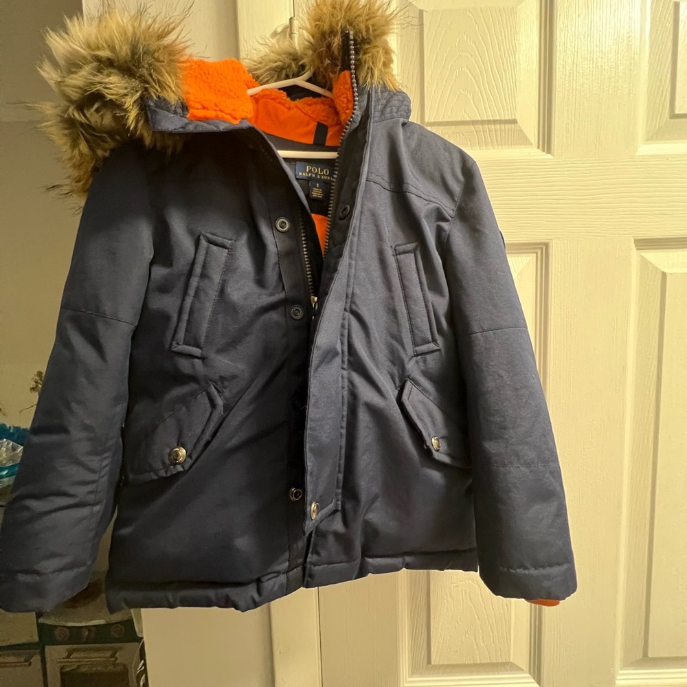 Polo by Ralph Lauren Kids Dark Blue Down Parka Coat with Fur trim Hood